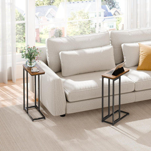 Set 2, Simple Trending C Shaped Side Table, End Table of Sofa Couch Table TV Tray for Living Room, Small Space, Rustic