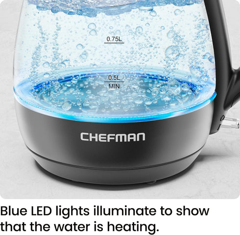 Chefman 1L Electric Tea Kettle with LED Lights, Automatic Shut Off, Removable Lid, Boil-Dry Protection, Electric