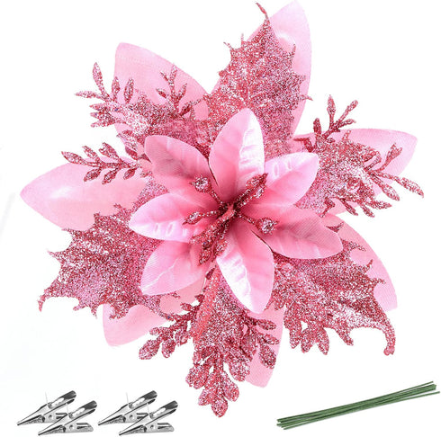 Christmas Poinsettia Artificial Flowers, 12 Pcs Glitter Picks for Wreaths Garland Decoration for Xmas