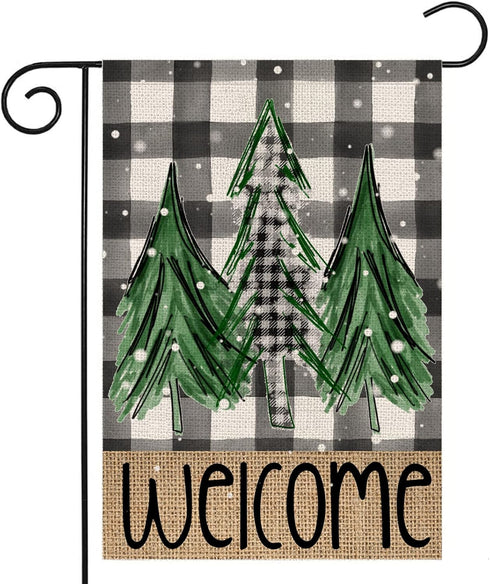 Welcome Christmas Trees Winter Garden Flag - 12 x 18 Inch Vertical Double Sided Buffalo Plaid Holiday Décor