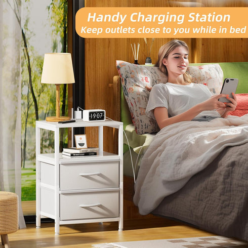 Simple Trending Side End Table with Charging Station, Tall Nightstand Bedside Table with Fabric Drawers for Living