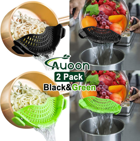 2PACK AUOON Clip on Strainer for All Pots Pans, Silicone Pasta Strainer Kitchen Colander, BlackGreen