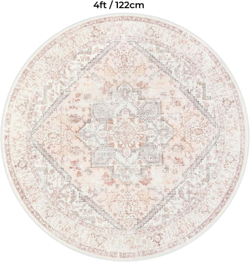 4ft LIVEBOX Pink Round Rug - Machine Washable Circle Rug for Living Room, Non-Shedding Vintage Circular Carpet Bedroom