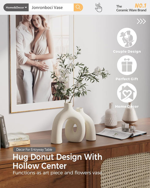 Set Hug Donut Decorative Vase - Modern Nordic Boho Style Vases Home Decor, Matte Ceramic Decorations for Living Room