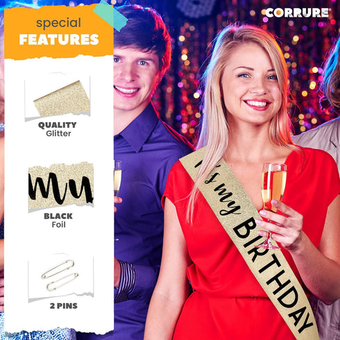 CORRURE 'It's My Birthday' Sash Glitter with Black Foil, Gold Glitter Birthday Sash for Women and Men, Happy Birthday