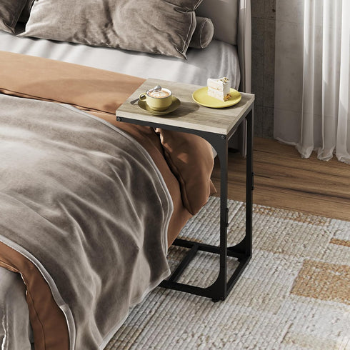 Compact Greige C Shaped End Table with Metal Frame for Living Room & Bedroom
