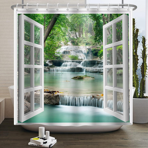 Baocicco Nature Landscape Shower Curtain, Summer Forest River Waterfall Lake Scenery, Waterproof Fabric 72x72 Inches