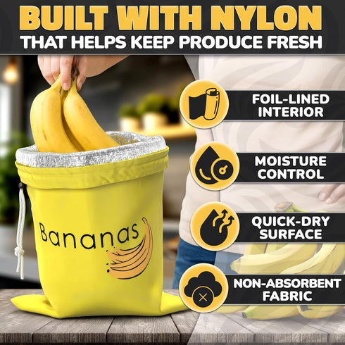 13.8x10.6" Banana Storage Bag with Aluminum Lining - Banana Bags to Keep Bananas Fresh Longer, Nylon Banana Keeper