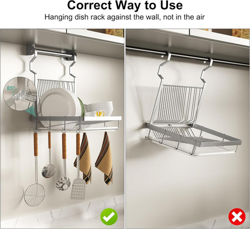 TQVAI Over Sink Dish Drainer Drying Rack, Stainless Steel Foldable Wall Mounted Dish Racks with Drainboard Hanging Rod