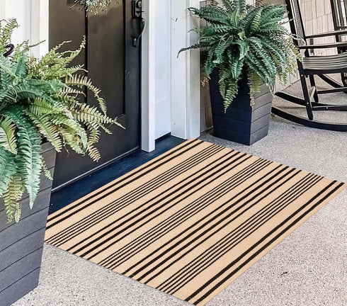 Front Outdoor Door Mat, 2'x3', Tan Black Striped, Machine Washable Cotton Layered Entryway Throw Rug