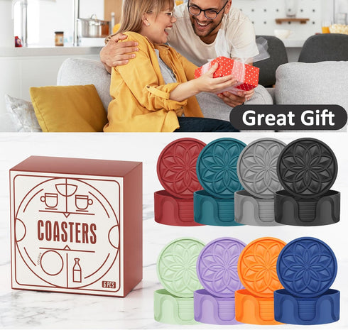 Set 6 Pack HFHOME Silicone Coasters for Drinks - With Holder, Table Cup Mat for Coffee Table, Desk, Bar - Tabletop