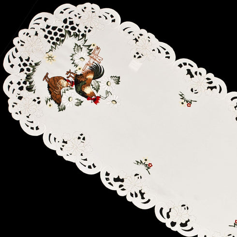 Country (15Wx54L) Embroidered Rooster Chic Lace Farmhouse Table Runner, Dresser Scarf, Coffee Table Runner