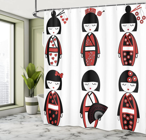 Ambesonne Ethnic Shower Curtain, Unique Geisha Dolls in Folkloric Costumes, Bathroom Decor Set, 69" W x 70" L