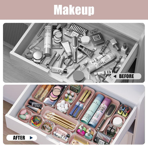 Plastic Drawer Organizers, 18 PCS Bathroom Drawer Organizer Bins, Makeup and Storage for Bedroom, Pink