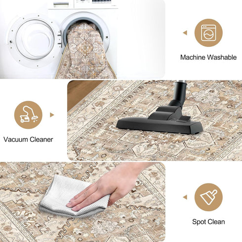 Washable Runner Rug, 2x6 Non-Slip Boho Vintage Hallway Rug - Stain Resistant Faux Wool Carpet Runner