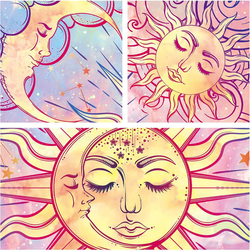 Ohjijinn Pastel Pink Burning Sun Tapestry - Mystic Celestial Sun and Moon with Stars - Psychedelic Tie Dye Wall Hanging
