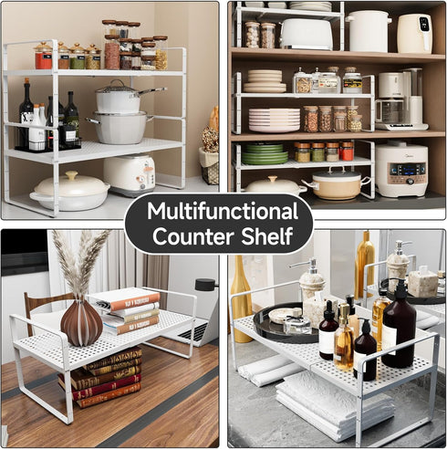 2Pack Countertop Expandable Cabinet Shelf Organizers, Stackable Metal Shelves Extender for Kitchen Storage, Adjustable