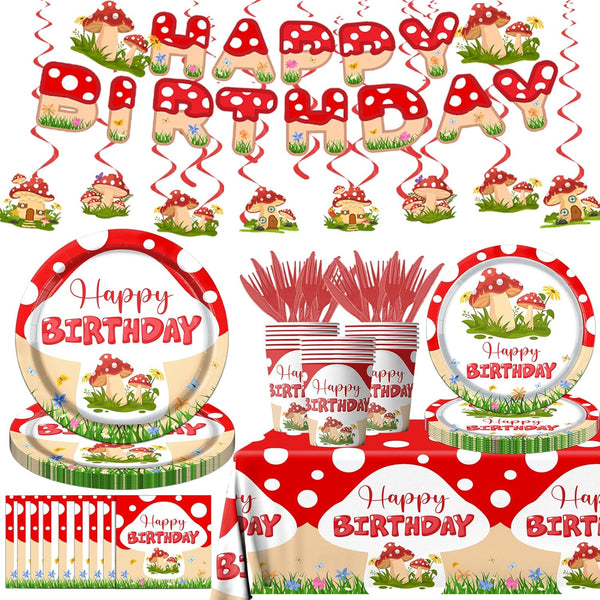 Dydamud Mushroom Birthday Decorations, 150PCS Mushroom Theme Party Tableware Include Plates, Napkins, Tablecloth,