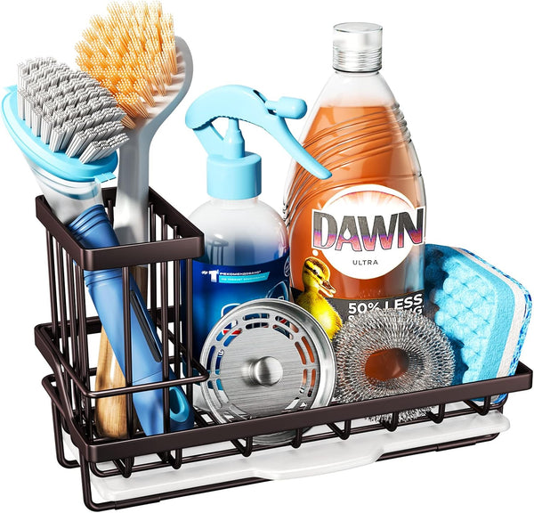 Consumest Kitchen Sink Caddy, Sponge Holder with Removable Drip Tray, 304 Stainless Steel - Bronze, Countertop Dish Soap