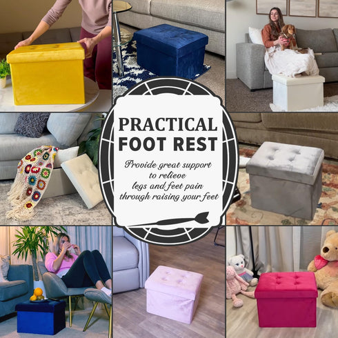 16X12X12IN LINMAGCO Small Velvet Ottoman with Storage Rectangle Foot Rest Under Desk Stool for Room Folding Ottoman