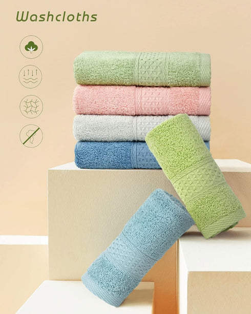 Cleanbear 6 Colors Pure Cotton Wash Cloths Set - Face Cloths 13 x 13 Inches (Light Blue, Jade Green, Light Green, Grey,