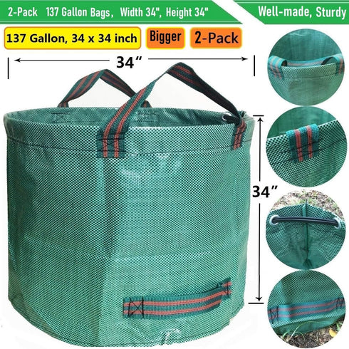 2-Pack 137 (D34,H34 inch) 4 Professional Gallon Lawn Garden Bags Large Yard Waste Bags with Gardening Gloves, Big Leaf