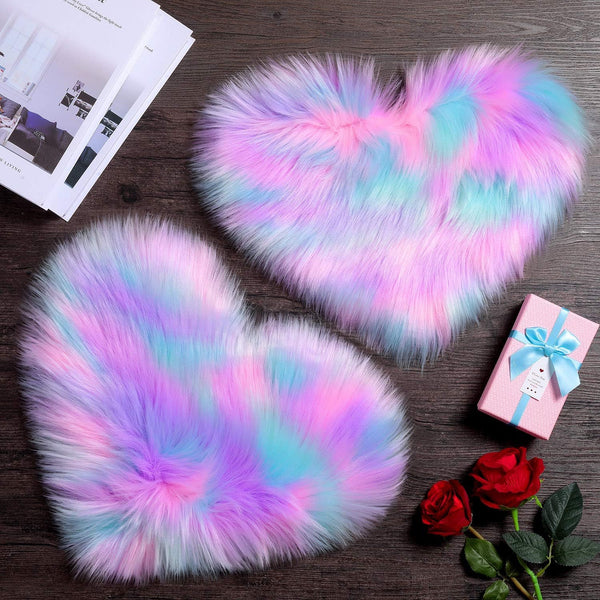 Mudder 2 Pieces Heart Shaped Rug, Faux Fluffy Carpet Door Mat for Bedroom, 12 x 16 Inch (Pink, Purple, Green)