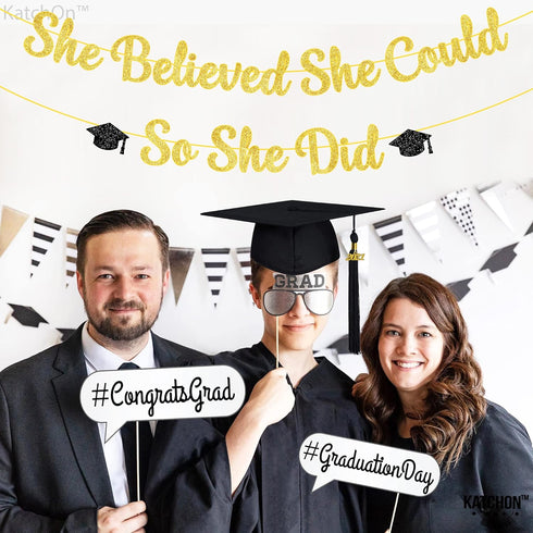 KatchOn Gold and Black She Believed She Could So She Did Banner - 10 Feet Glitter Graduation Decorations 2025