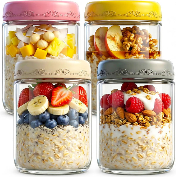 16oz 4Pack Glass Overnight Oats Jars Containers with Airtight Leakproof Lids, Reusable