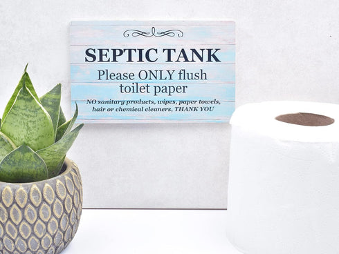 Septic Tank Sign - Adhesive Plaque for Restroom, Bathroom, Toilet, Loo, W.C, Light Blue Foamex Board