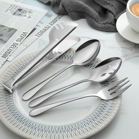 Pleafind 16 PCS Stainless Steel Serving Utensils Set, Includes Serving Spoons, Slotted Spoons, Forks, and Tongs