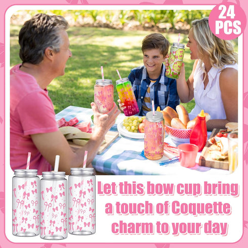 Chuangdi 24 Sets 14 oz 24 25 Pink Bow Bottles with Straws and Metal Lids Plastic Coquette Bottles Paper Straws Tumbler