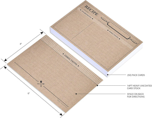 50 Farmhouse Rustic Recipe Cards 4x6, Double-Sided Kraft Design