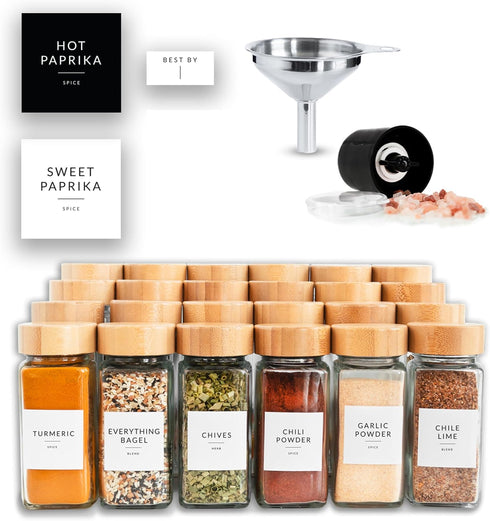 24PK Set 4oz, 374 SAVVY & SORTED Glass Spice Jars with Label, Bamboo Jar Spices Spice Labels, Pepper Grinder, Empty