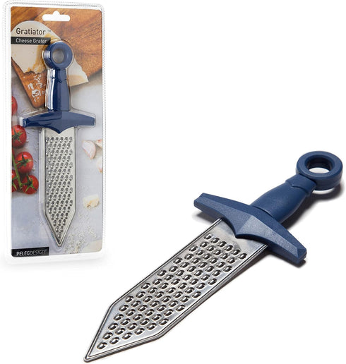 PELEG DESIGN Gratiator Small Cheese Grater Stainless Steel Sword-Shaped Utensil with Royal Blue Handle