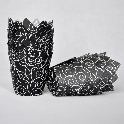 Muffin Greaseproof Paper Baking Cups, 2" x 3-1/2" Black Fancy Floral Print Tulip Baking Cup Case of 125 pcs
