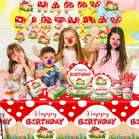 Dydamud 150PCS Mushroom Birthday Decorations, Mushroom Theme Party Tableware Include Plates, Napkins, Tablecloth