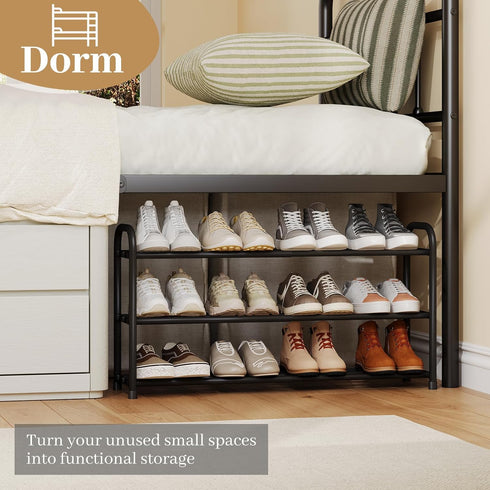 AUGOHCMIL 3-Tier Closet, Expandable Shoe Rack, Metal Shoe Storage Shelf, Adjustable Shoes Organizer for Entryway