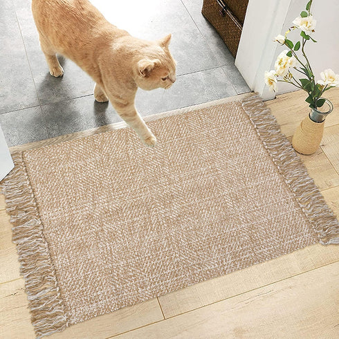 Collive Small Bathroom Rug, 2' x 3' Hand-Woven Low Profile Entryway Rug, Tan Cotton Reversible Washable Mat
