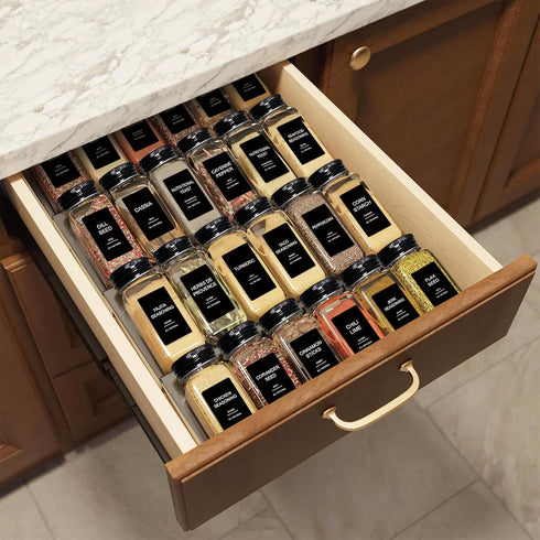 AISIPRIN 24 Pcs Glass Spice Jars with 398 Labels, 4oz Empty Square Spice Containers with Shaker Lids, Funnel, Brush and