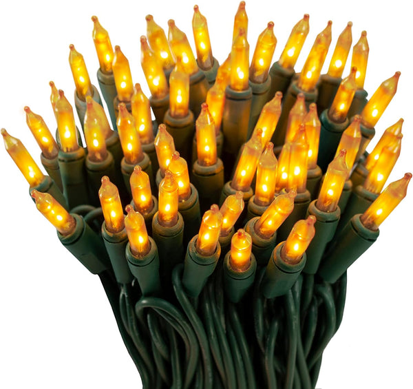 100 Gold Frost Christmas Lights on a Green Wire String, UL Approved,