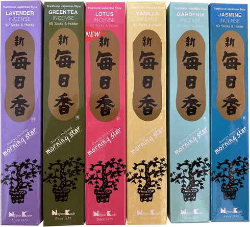 Nippon Kodo Morning Star Incense Set of 6 (Lotus, Vanilla, Lavender, Jasmine, Green Tea, Gardenia), 50 Sticks Each
