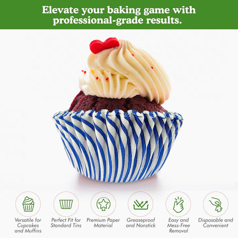 Regency Wraps Blue Pisa Stripe Baking Cups, Pack of 40, Greaseproof Professional Grade, for Cupcakes, Muffins
