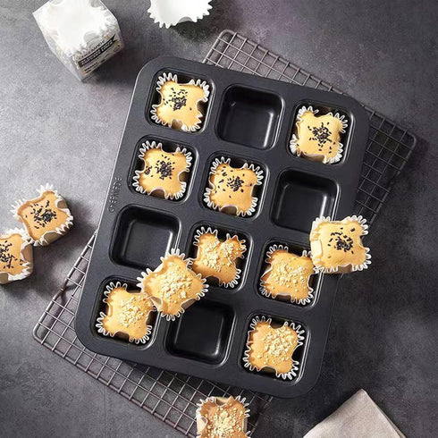 Carbon Steel Brownie Bar Pan, Mini Loaf Muffin Bakeware Mold Set with 12 Cavity, Non stick Square Cupcake Pan for Cupcakes, Bread (Black) by QANYEGN