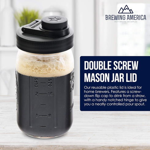 Mason Jar Lids Wide Mouth Plastic 4 Pack - USA Made Flip Cap Screw Top Pour Spout Drink Hole - Black