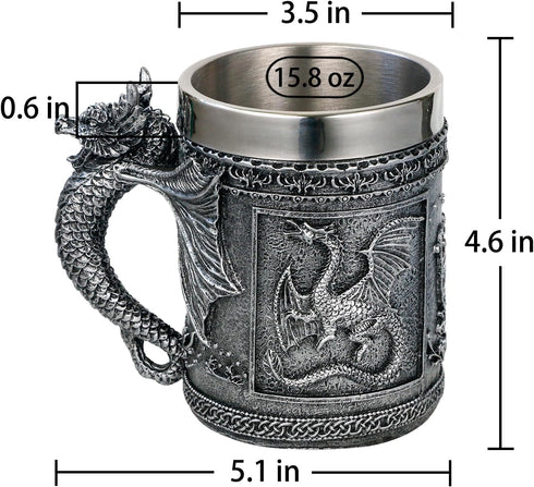 Medieval Roaring Dragon Mug - Dungeons and Dragons Beer Stein Tankard, 15.8oz Stainless Coffee Mug for GOT Lovers