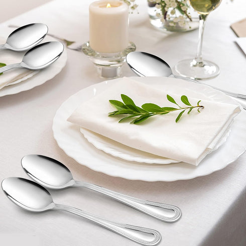 E-far 12-Piece Dinner Spoons Set, 7.9 Inch Stainless Steel Silverware with Pearled Edge, Mirror Polished & Dishwasher