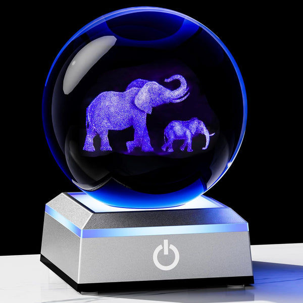 3D Elephant Crystal Ball Figurines Gifts with LED Base - Elephant Gifts