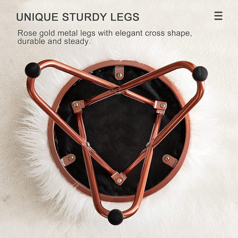 Round Faux Fur Ottoman, Vanity Stool Rose Gold Metal Legs with Anti-Slip Pad, Soft Furry Compact Padded Seat, Modern