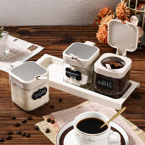 3 Set, Suclain Pcs Glass Coffee Containers Coffee Station Organizer Airtight Bean Storage Jars with Shelf,labels,spoon